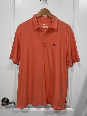 Tommy Bahama Salmon-Orange Polo with logo supima cotton size large resort wear